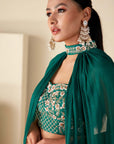 Mint Green Ruffle Drape Skirt Set with Crop Top and Dupatta - Georgette Crepe