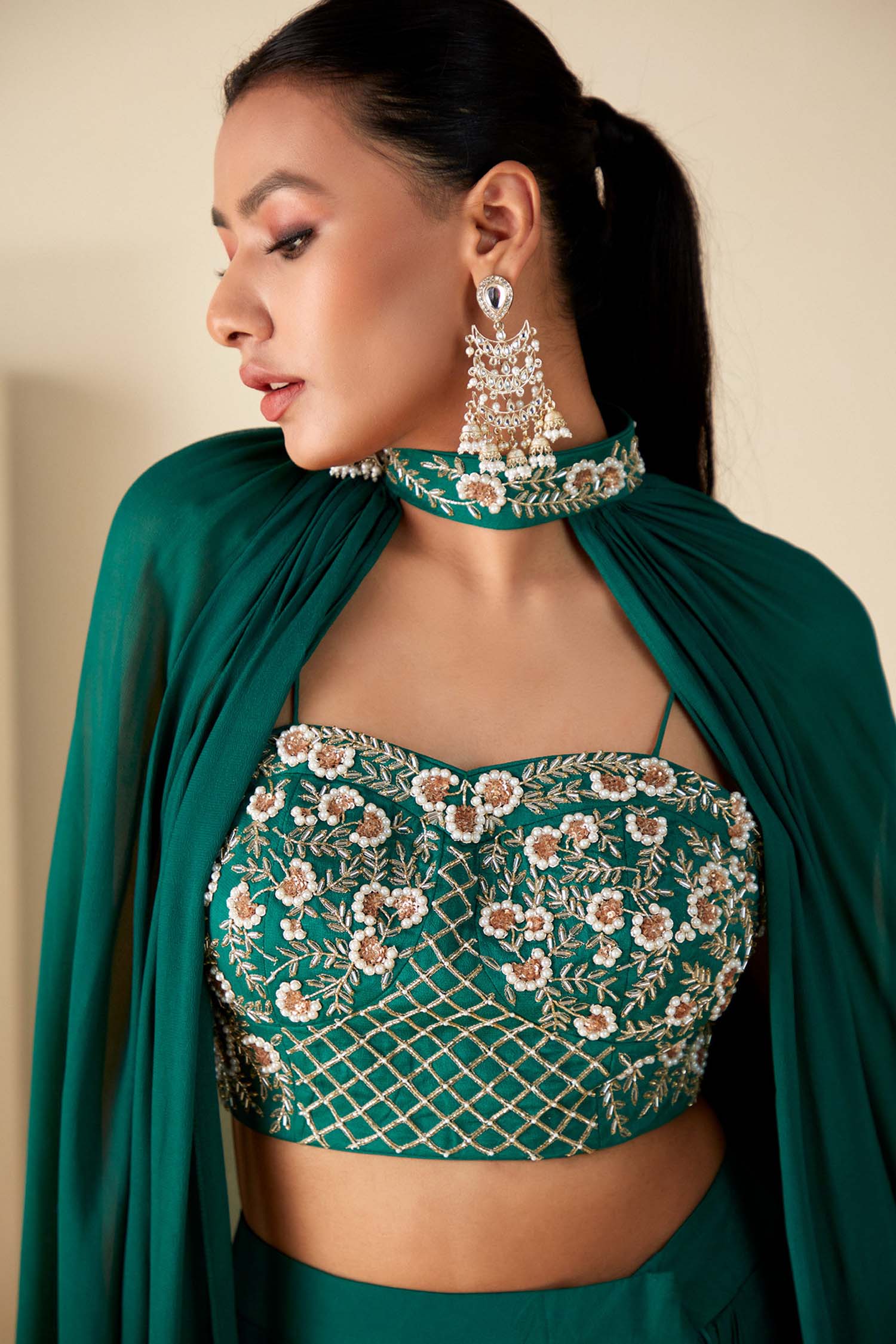 Mint Green Ruffle Drape Skirt Set with Crop Top and Dupatta - Georgette Crepe
