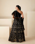 Classy Black One Shoulder Lehenga Set with Gold Foil Skirt and Ruffle Dupatta