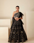 Classy Black One Shoulder Lehenga Set with Gold Foil Skirt and Ruffle Dupatta
