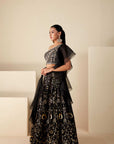 Classy Black One Shoulder Lehenga Set with Gold Foil Skirt and Ruffle Dupatta