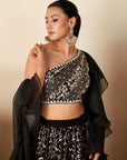 Classy Black One Shoulder Lehenga Set with Gold Foil Skirt and Ruffle Dupatta