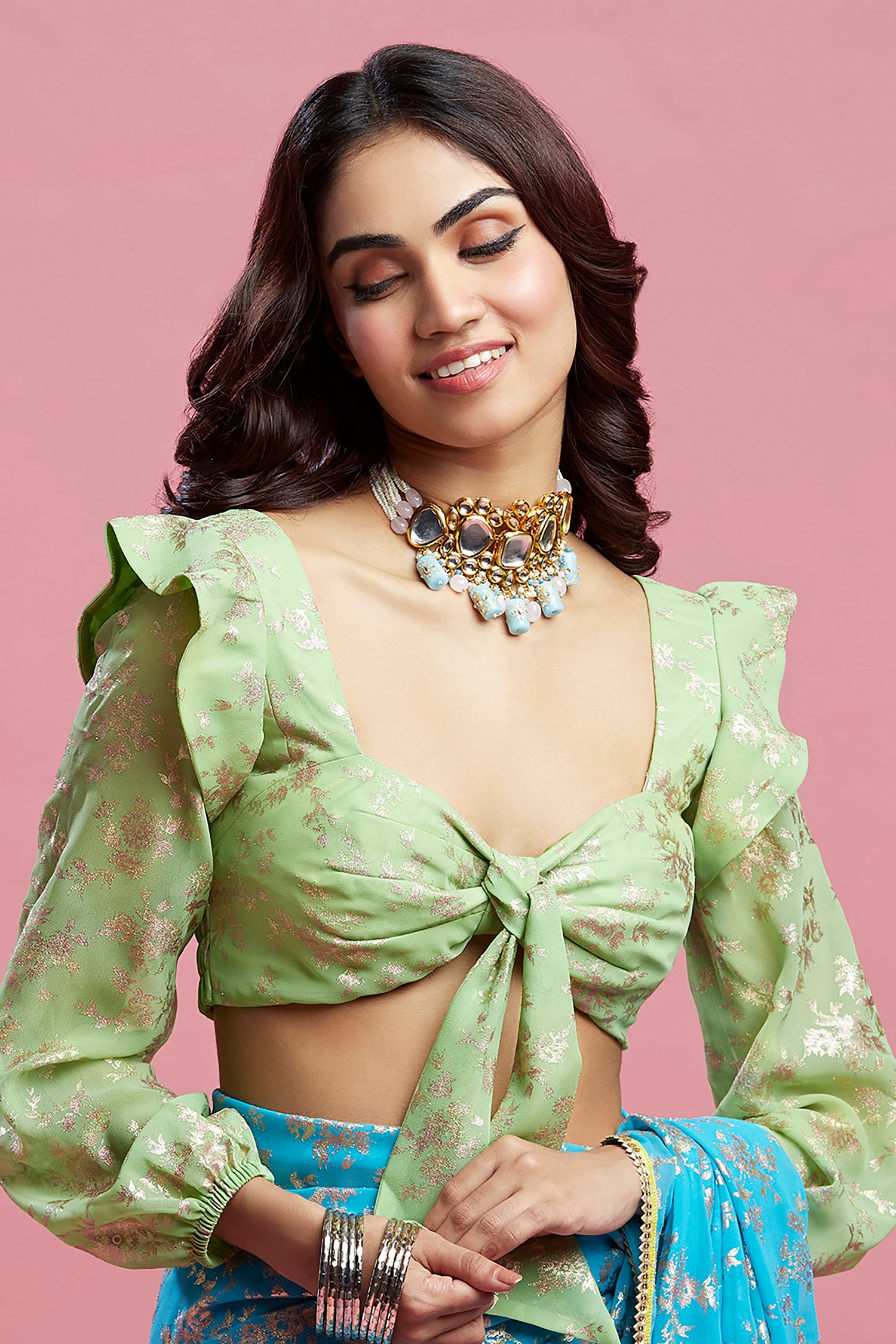 Turquoise Georgette &amp; Recycled Polyester Barfi Saree Set