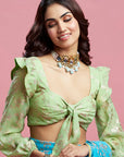 Turquoise Georgette & Recycled Polyester Barfi Saree Set