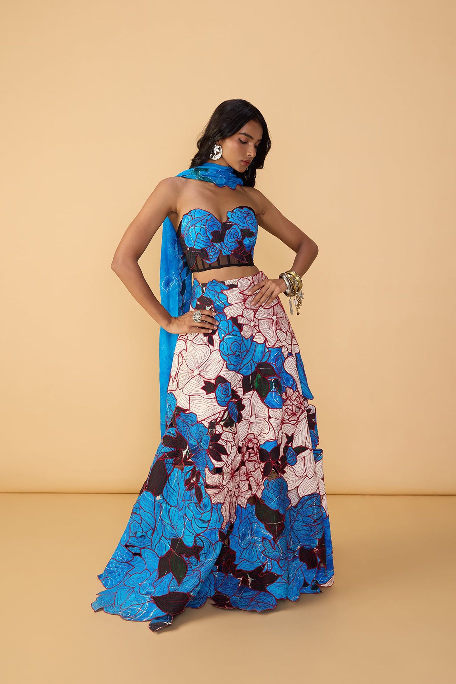 Starla Corset Blouse, Sachi Lehenga Skirt and Scallop Dupatta