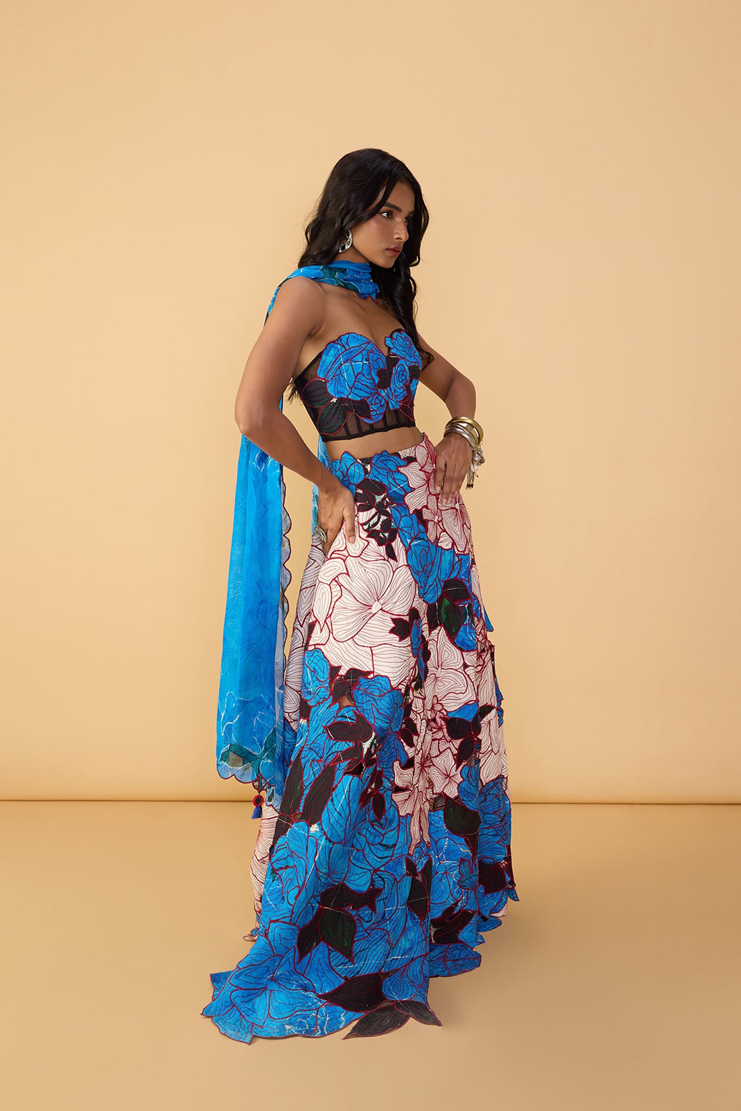 Starla Corset Blouse, Sachi Lehenga Skirt and Scallop Dupatta