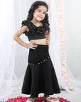 Black Fabric Flower Top with Flared Lehenga