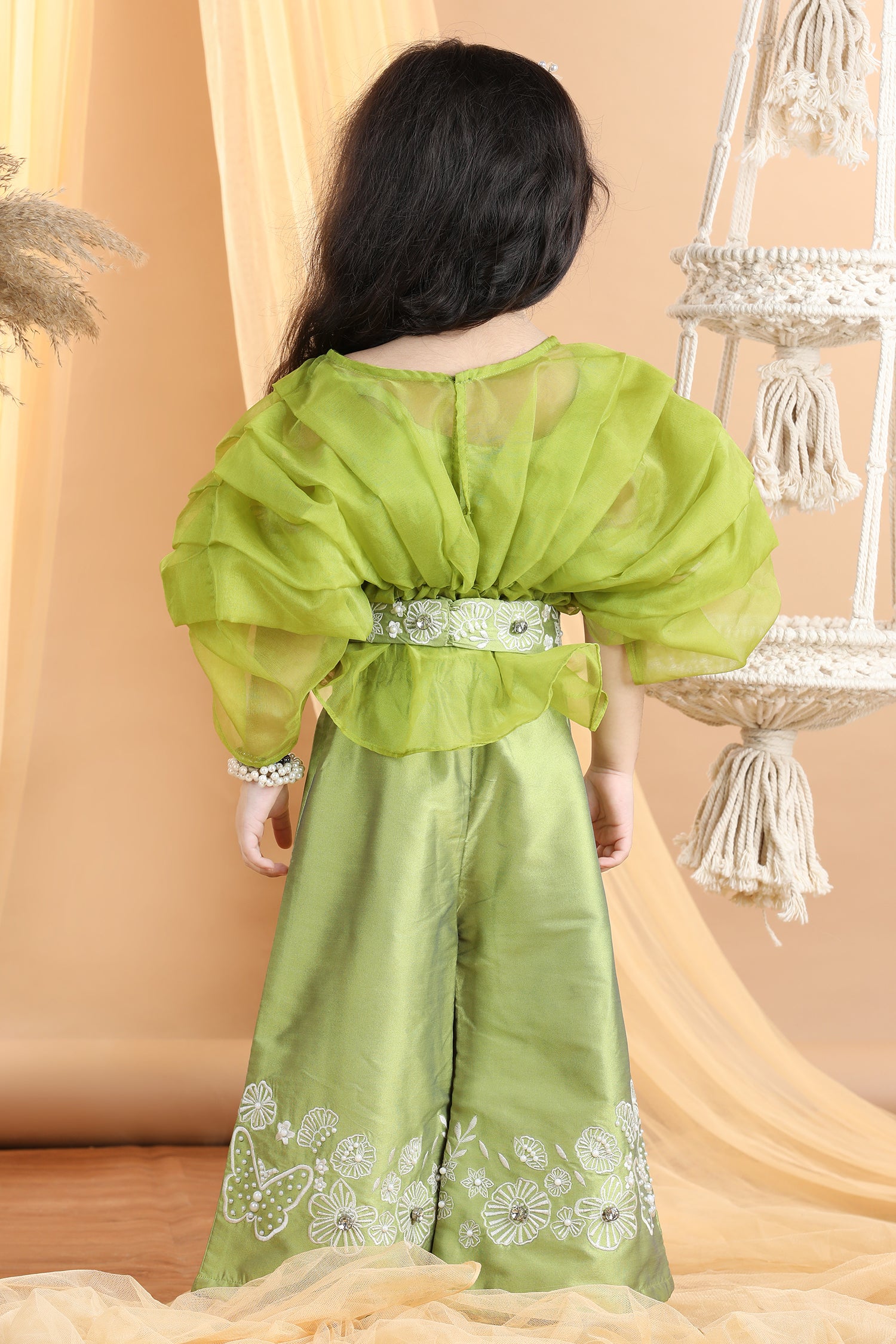 Organza Top with Embroided Pants and Belt Embellished with Stone and Perls