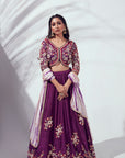 Maroon One Shoulder Crop Top and Pleated Skirt Lehenga with Mirror and Zardosi Handwork