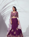 Maroon One Shoulder Crop Top and Pleated Skirt Lehenga with Mirror and Zardosi Handwork