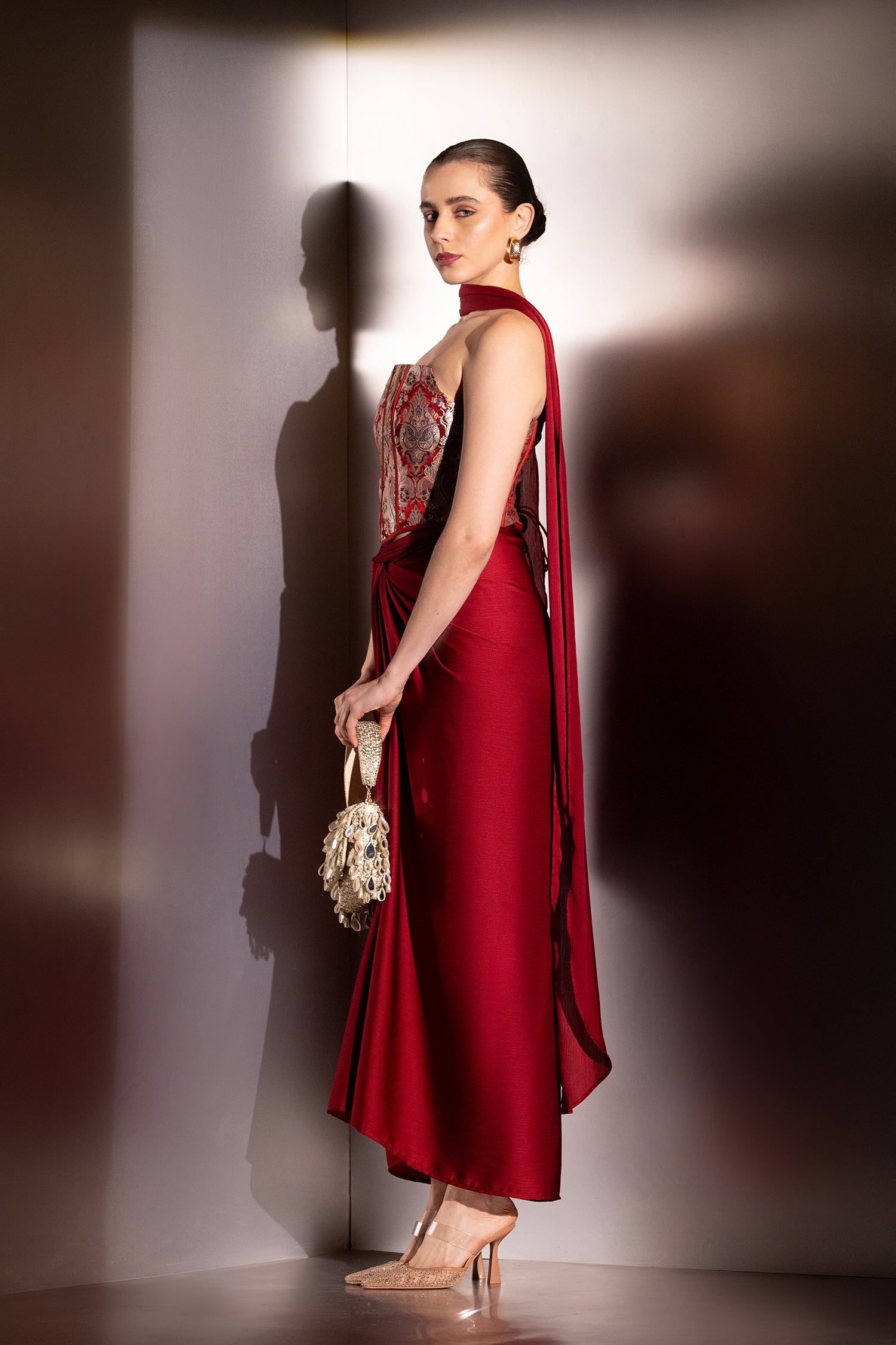 Buy Crimson Vesper Brocade Corset Set for Female by Label Muslin - Fashefy Buy Crimson Vesper Brocade Corset Set for Female by Label Muslin - Fashefy