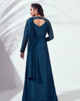 Ready-to-Wear Saree with Drape Skirt and Slim Fit Pants in Bottle Green Tussar Silk