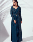 Ready-to-Wear Saree with Drape Skirt and Slim Fit Pants in Bottle Green Tussar Silk