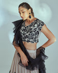 One Shoulder Maroon Crop Top and Pleated Skirt with Mirror and Zardosi Handwork