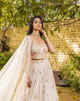 Off White Bustier Lehenga Set with Vertical Embroidery and Pearl Detail Dupatta