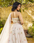 Off White Bustier Lehenga Set with Vertical Embroidery and Pearl Detail Dupatta