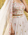Off White Bustier Lehenga Set with Vertical Embroidery and Pearl Detail Dupatta