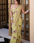 Elephant Print Green Purple Pre-Drape Saree (Set Of 2)