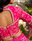 Pink Drape Ruffle Lehenga Set with Hand Embroidered Blouse and Feather Detail