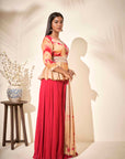 Embroidered Off-White Peplum Crop Top and Flared Pants Fusion Set