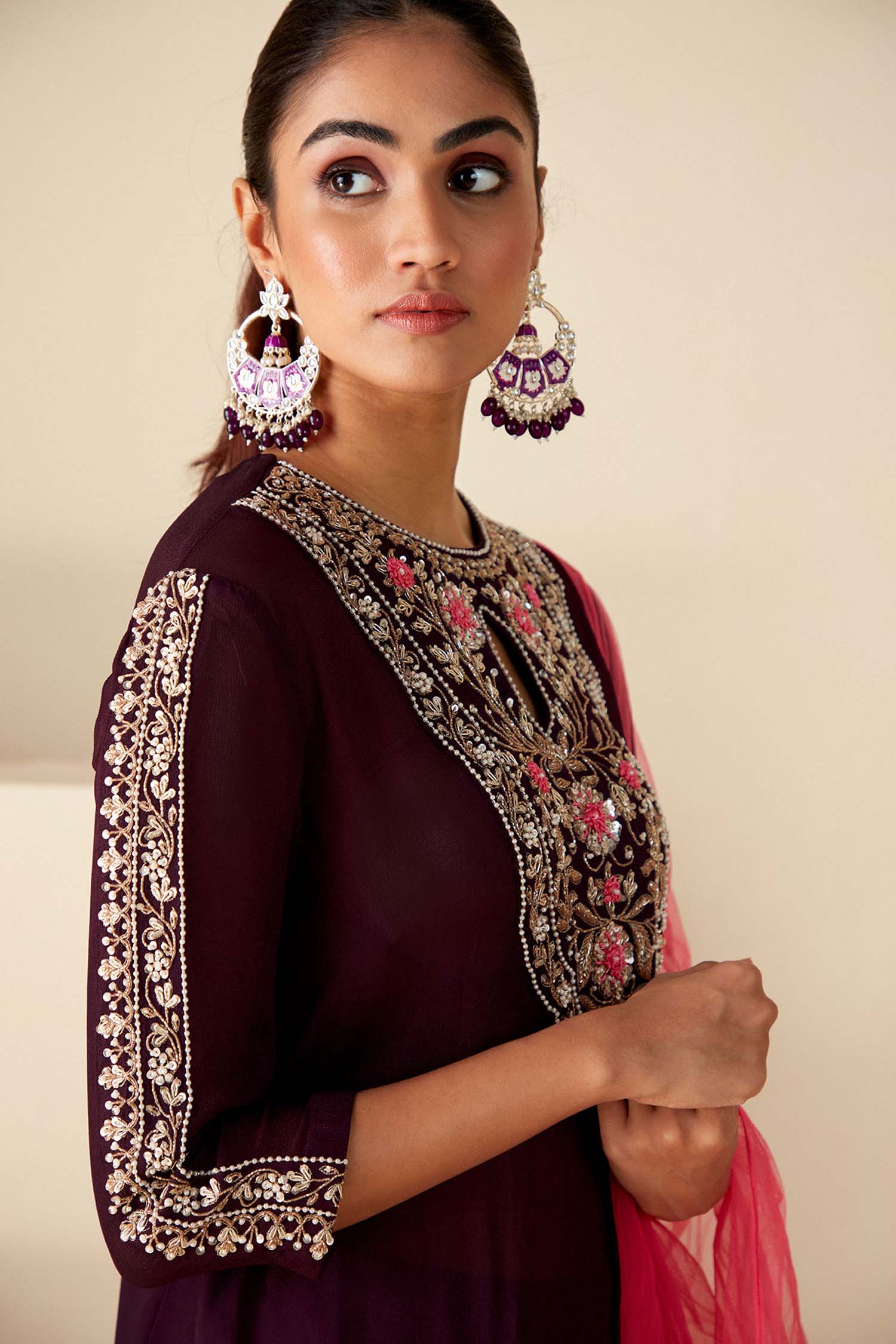 Intricately Sequin Embroidered Green Anarkali with Ombre Pleated Flare - Pink