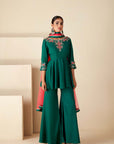 Intricately Hand Embroidered Green and Pink Anarkali Set with Bandhani Dupatta