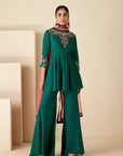 Intricately Hand Embroidered Green and Pink Anarkali Set with Bandhani Dupatta