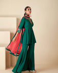 Intricately Hand Embroidered Green and Pink Anarkali Set with Bandhani Dupatta