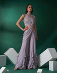 Blush Pink Printed Saree with Elegant Blouse - Lilac