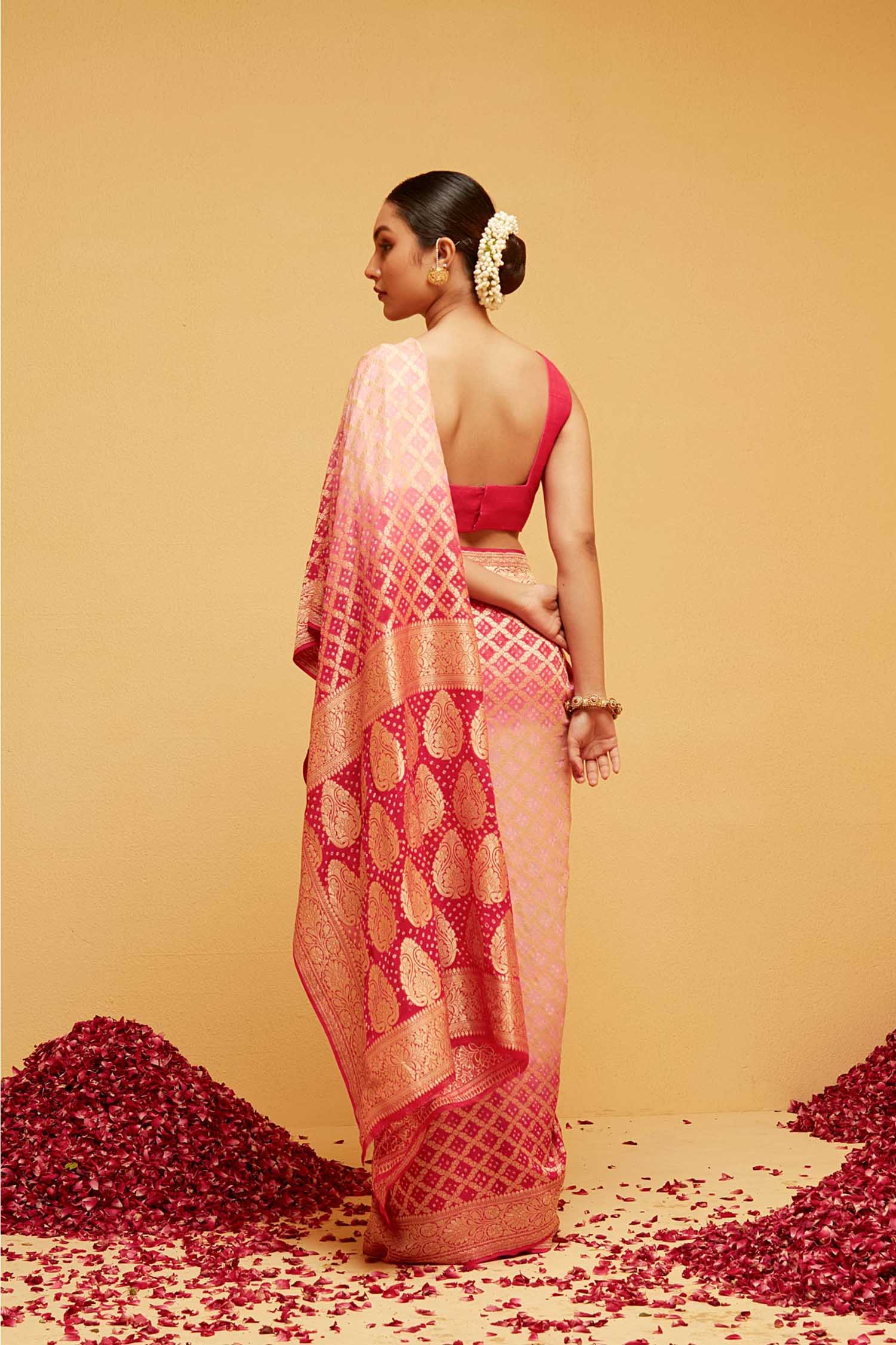 Traditional Pink Georgette Bandhani Banarasee Saree