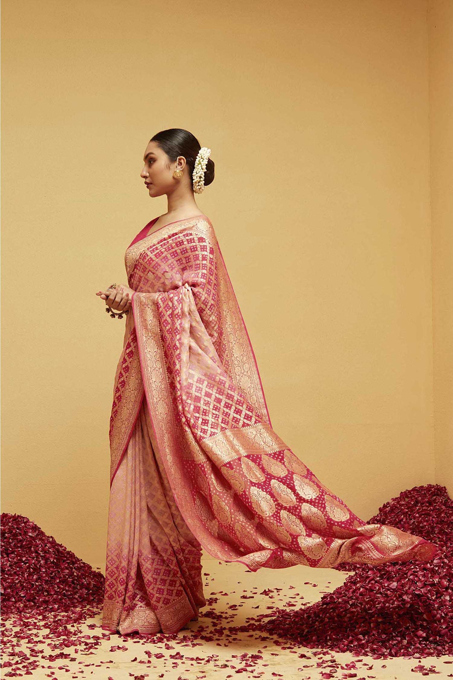 Traditional Pink Georgette Bandhani Banarasee Saree