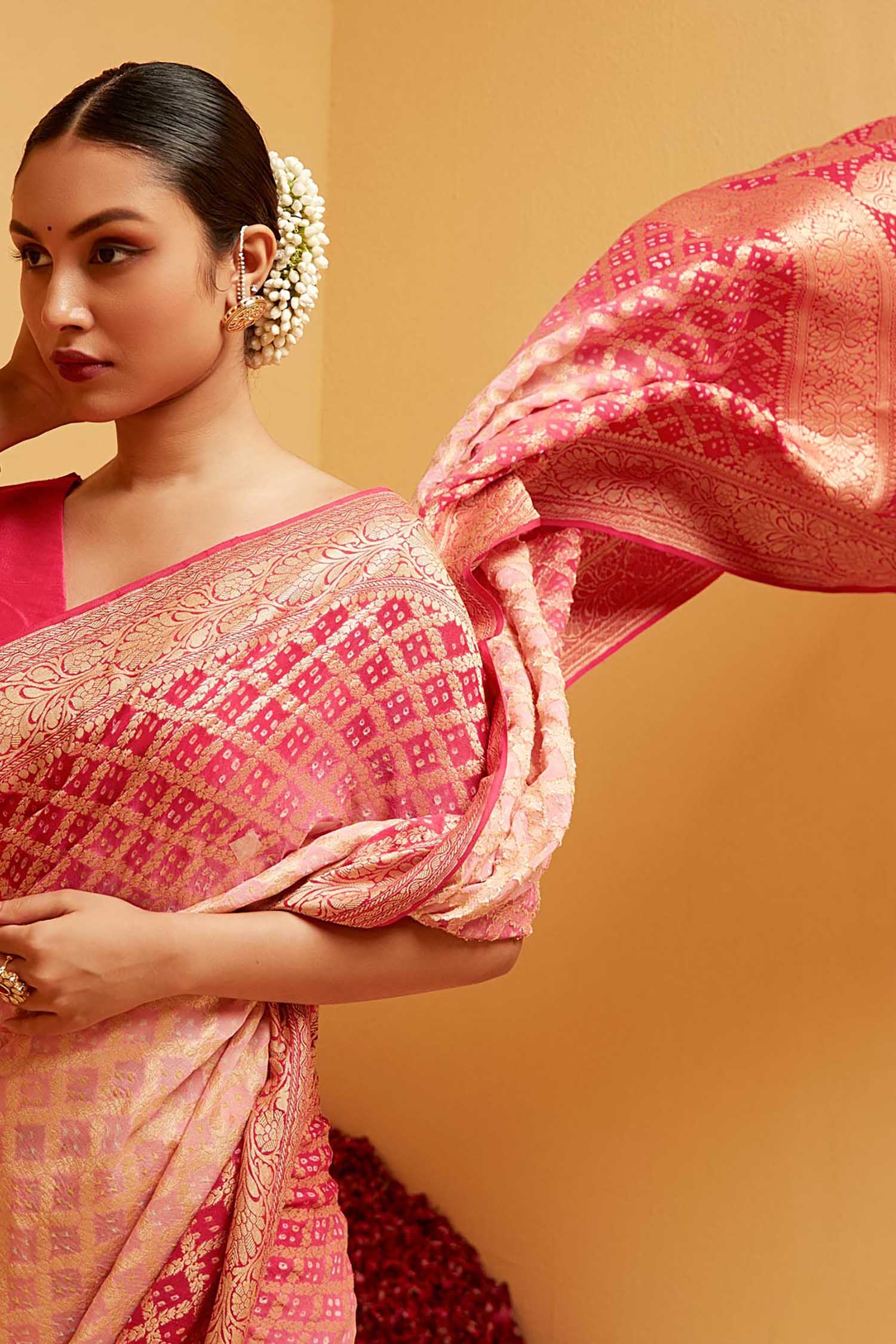 Traditional Pink Georgette Bandhani Banarasee Saree