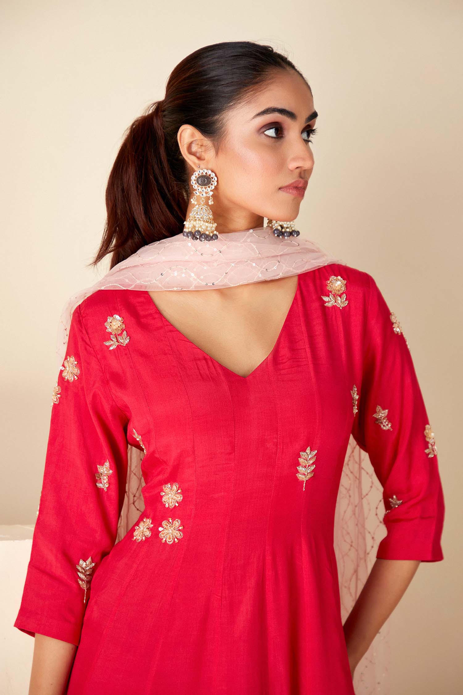 Teal Angrakha Anarkali with Dori Tassels and Banarasee Bandhani Dupatta - Net