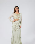 Wine Crop Top and Flared Pants Fusion Set with Sequin and Thread Embroidery