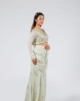 Wine Crop Top and Flared Pants Fusion Set with Sequin and Thread Embroidery