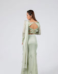 Wine Crop Top and Flared Pants Fusion Set with Sequin and Thread Embroidery