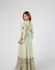 Mint Green Ruffle Drape Skirt Set with Crop Top and Dupatta - Satin