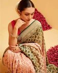 Georgette Bandhani Banarasee Saree in Green and Peach