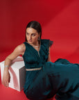 Mint Green Ruffle Drape Skirt Set - Satin