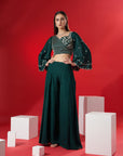 Mint Green Ruffle Drape Skirt Set with Crop Top - Satin
