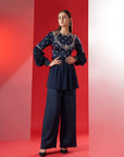 Embroidered Sequin Crop Top and Flared Pants Fusion Set