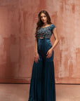 Embroidered Crop Top and Flared Pants Fusion Set in Wine