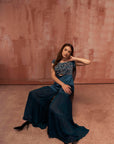 Embroidered Crop Top and Flared Pants Fusion Set in Wine