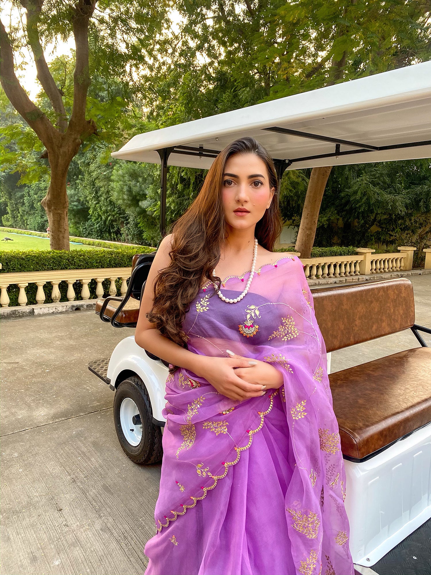 Purple Hand Embroidered Gota Patti Jaal Saree Set