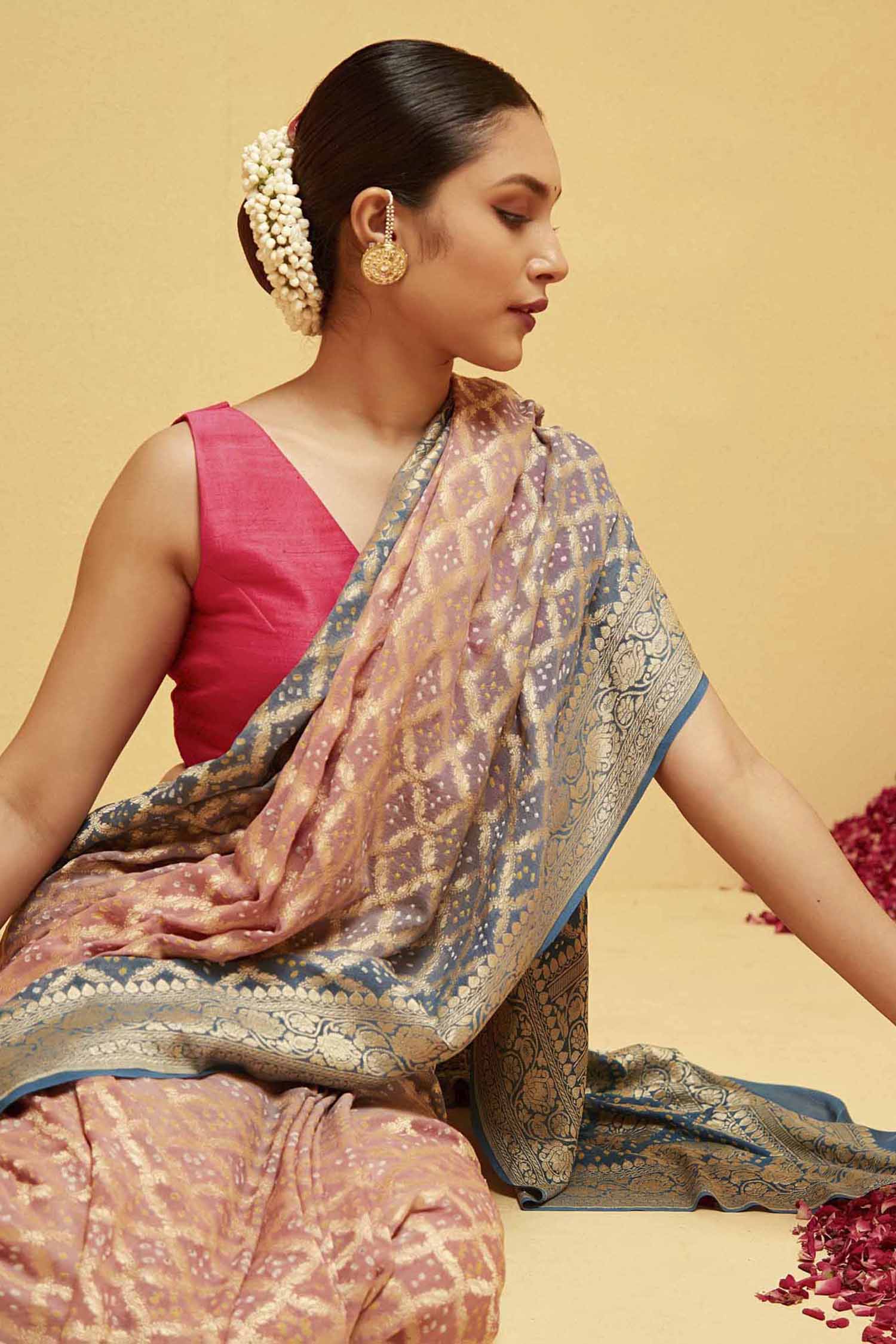 Traditional Blue and Peach Georgette Bandhani Saree