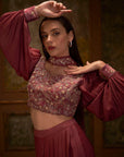 Drape Skirt Set with Ruffle Dupatta - Purple