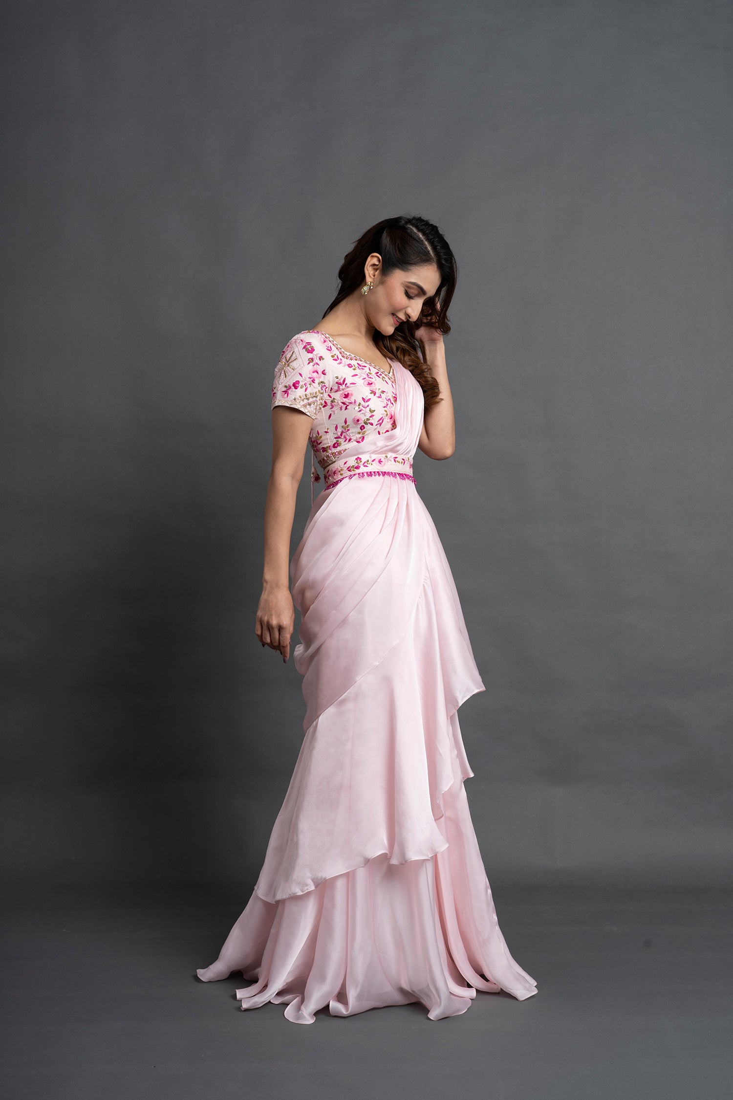 Peach Pink Pre Draped Saree