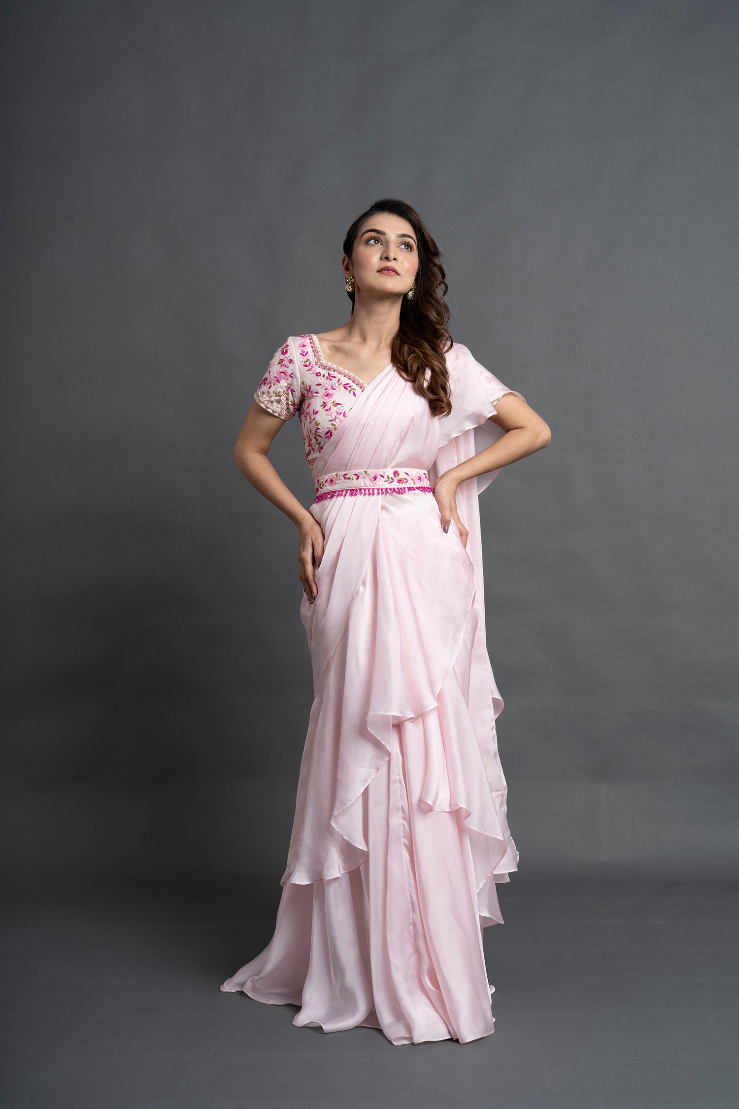 Peach Pink Pre Draped Saree