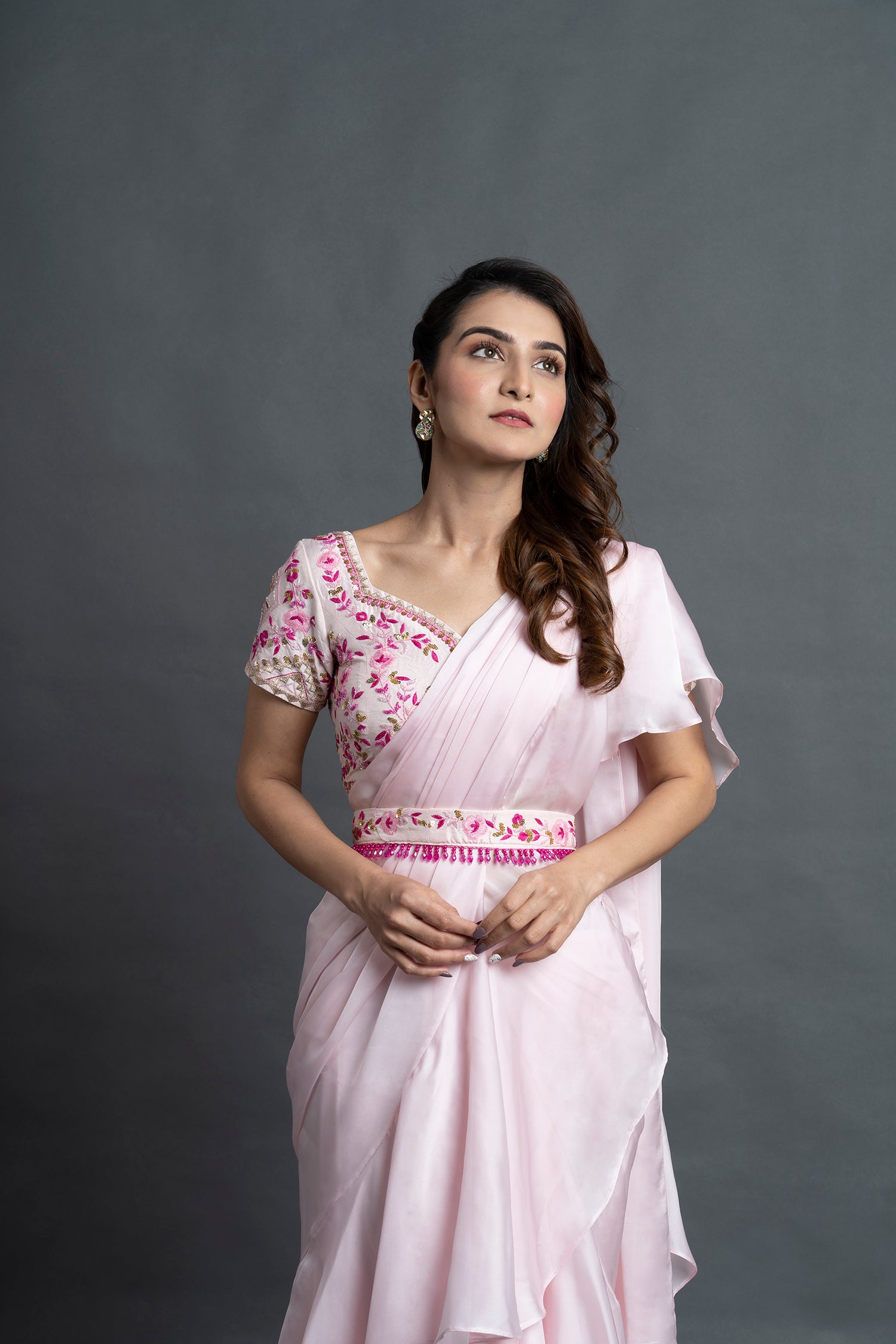 Peach Pink Pre Draped Saree