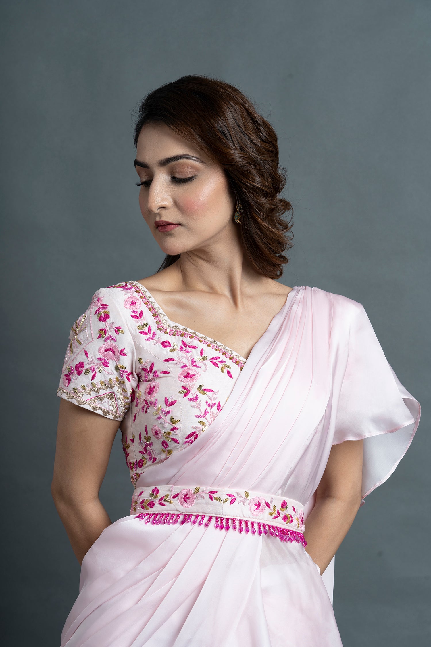 Peach Pink Pre Draped Saree